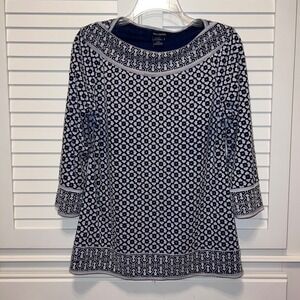 Max Edition Womens Navy Blue White Geometric Floral Boat Neck Knit Top Small